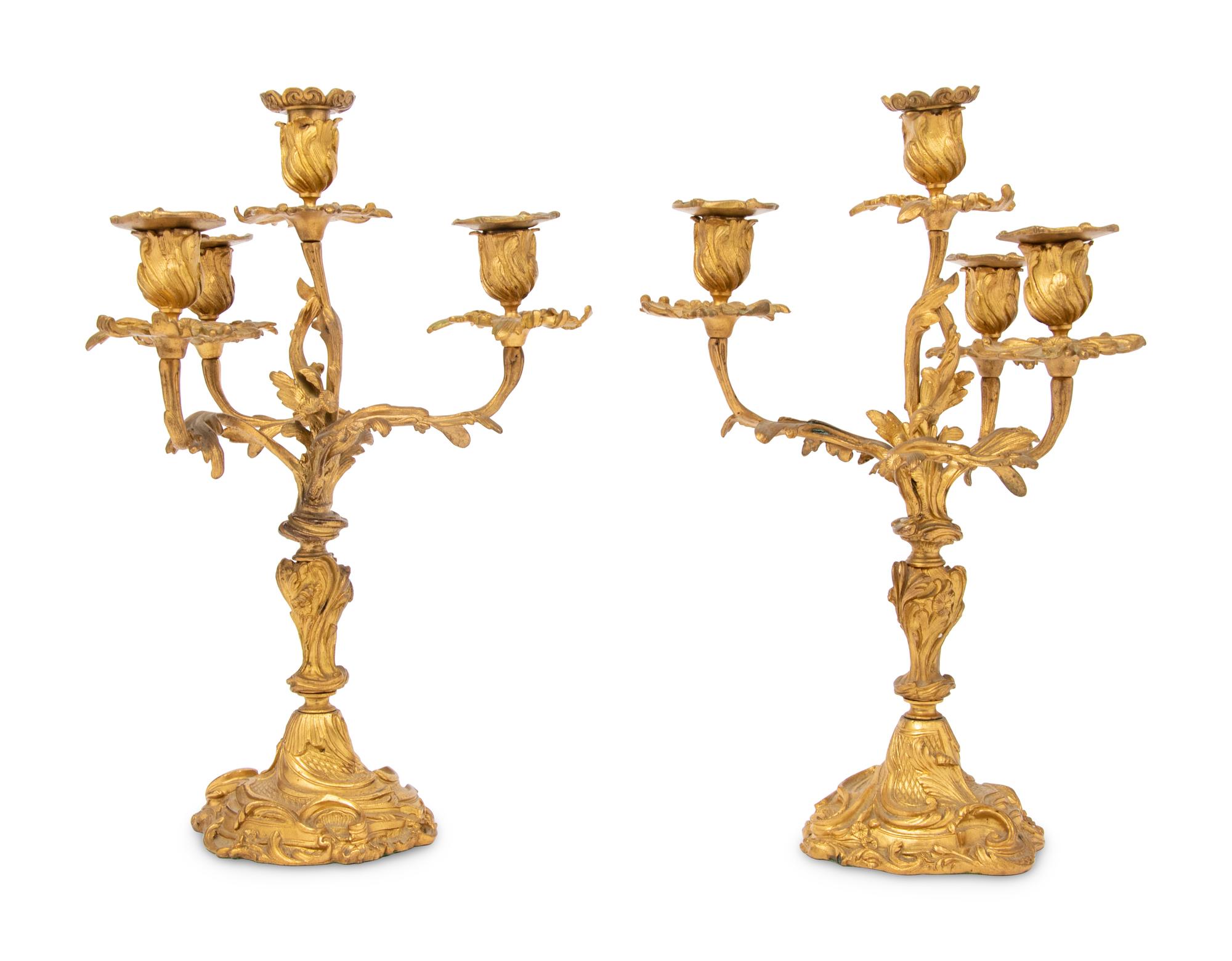 A Pair of Louis XV Style Gilt Bronze Four-Light Candelabra