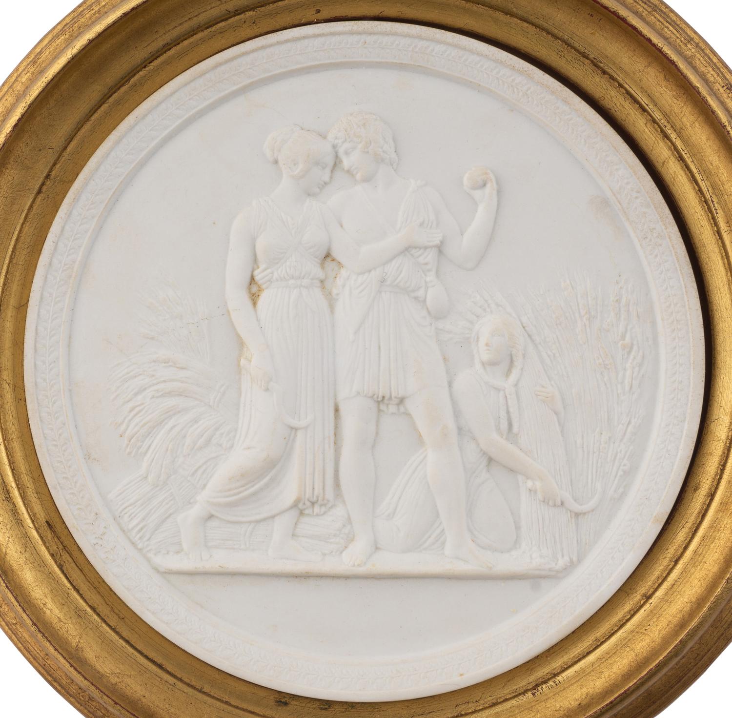 Four Framed Biscuit Porcelain Plaques Depicting the Four Ages of Man After Bertel Thorvaldsen