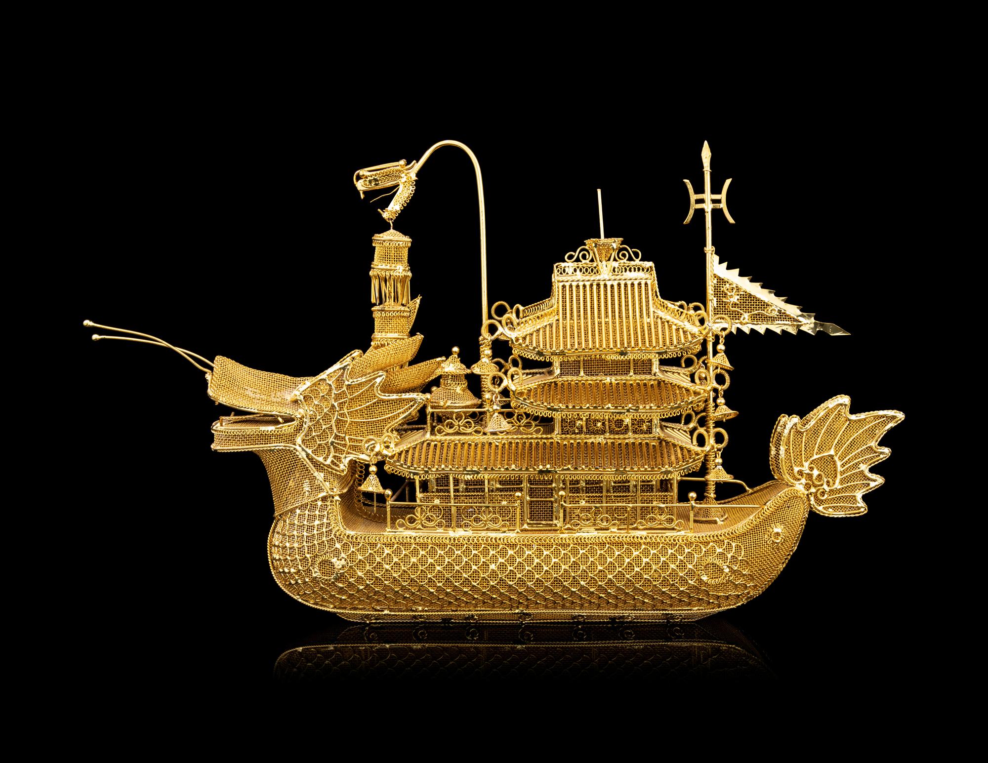 A Chinese Gilt Filigree Dragon Boat