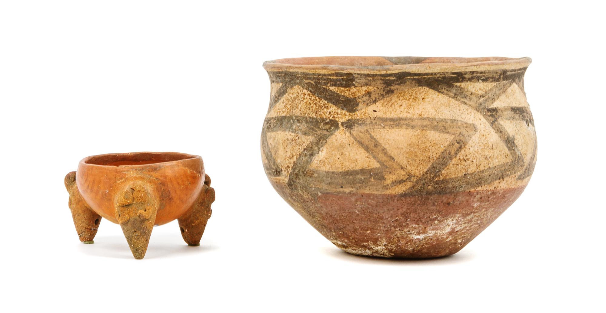 Two Pre-Columbian Style Pottery Articles Height of taller 6 x diameter 8 1/4 inches.