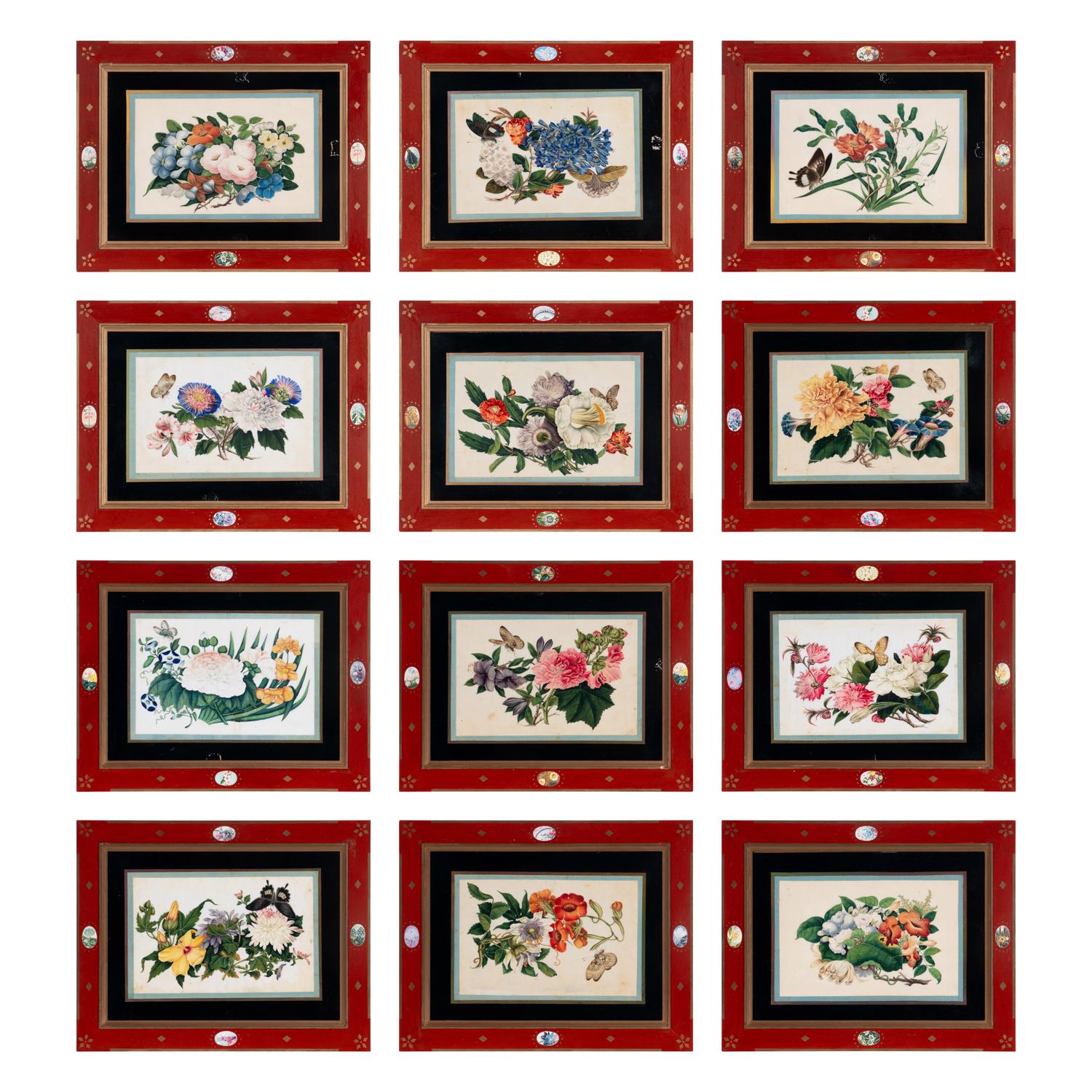 A Set of Twelve Chinese Export Watercolor and Pith Botanical Paintings