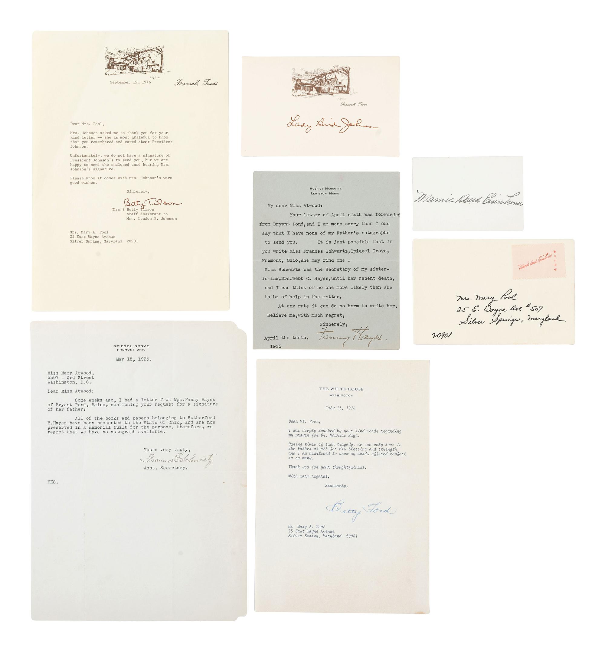 [POLITICS]. A collection of signatures of First Ladies, incl. Helen TAFT, Edith WILSON, Grace COOLIDGE, and Eleanor ROOSEVELT.