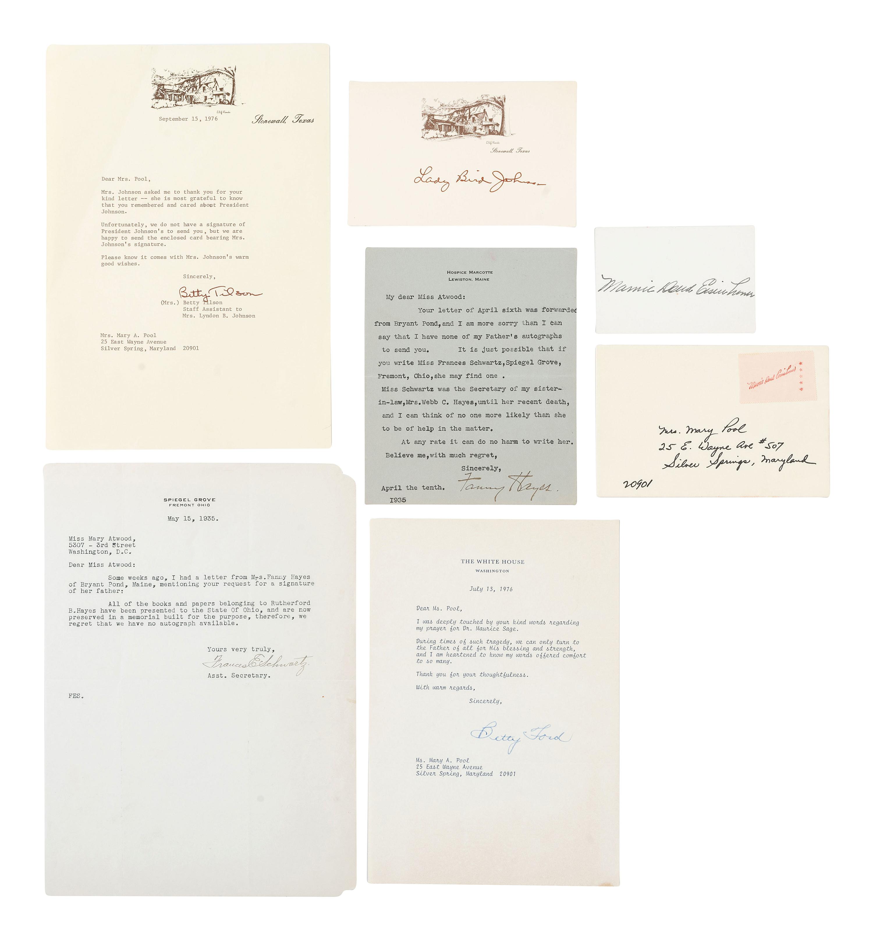 [POLITICS]. A collection of signatures of First Ladies, incl. Helen TAFT, Edith WILSON, Grace COOLIDGE, and Eleanor ROOSEVELT.