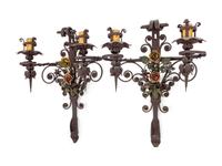 A Pair of Wrought Iron Two-Light Sconces