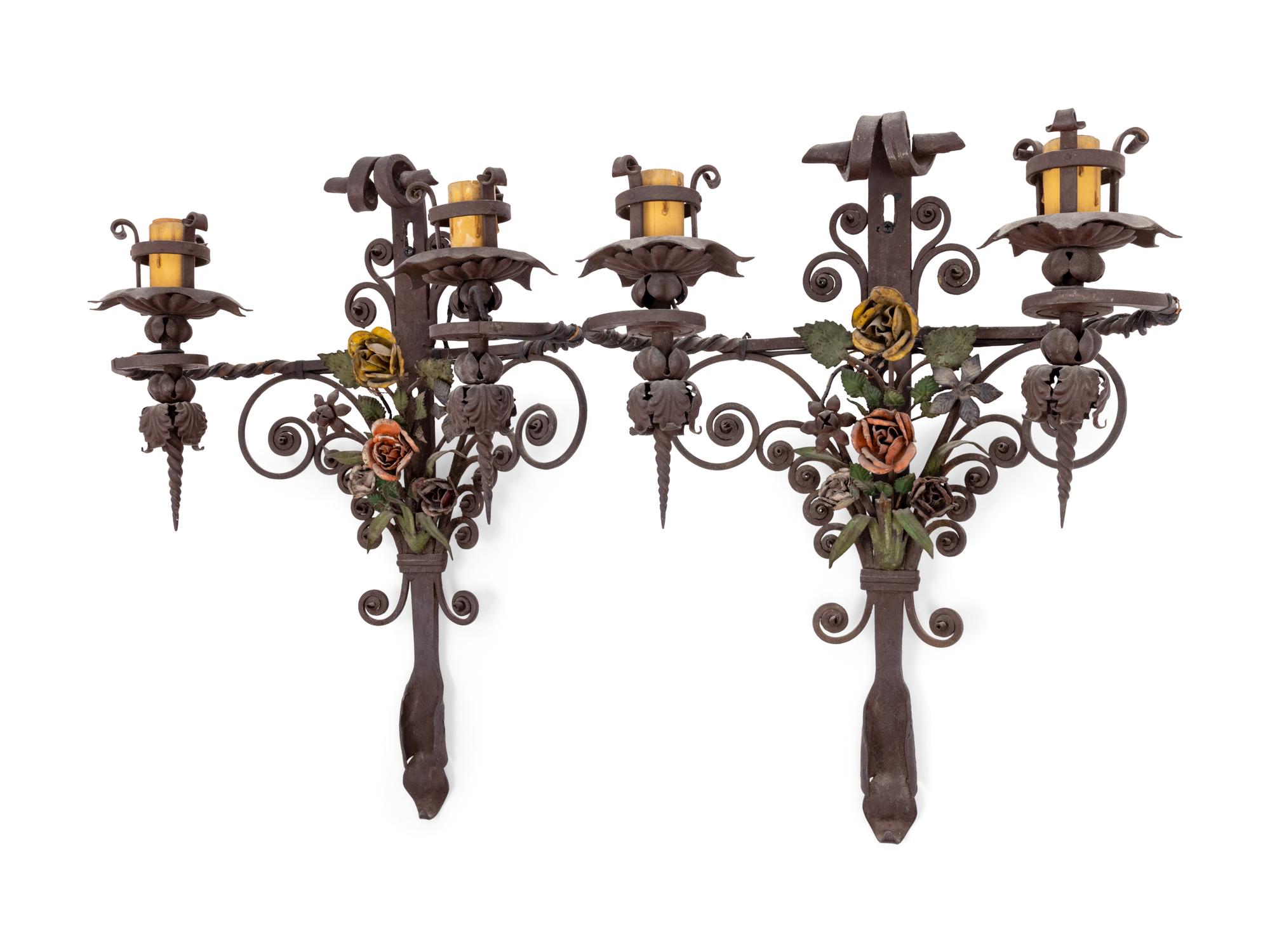 A Pair of Wrought Iron Two-Light Sconces
