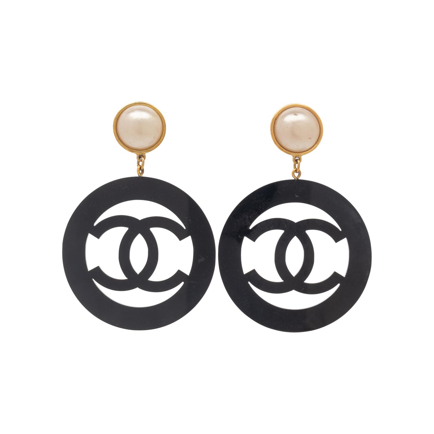 Chanel Faux Pearl & Oversized Logo Ear Clips
