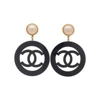 Chanel Faux Pearl & Oversized Logo Ear Clips