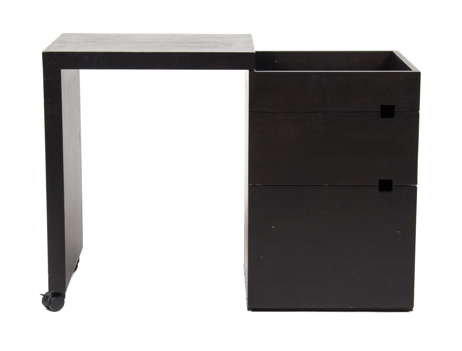 A Mid Century Modern Revolving Folding Writing Table and Cabinet Height 30 x width 23 1/4 (41 when open) x depth 19 inches. — 20TH CENTURY