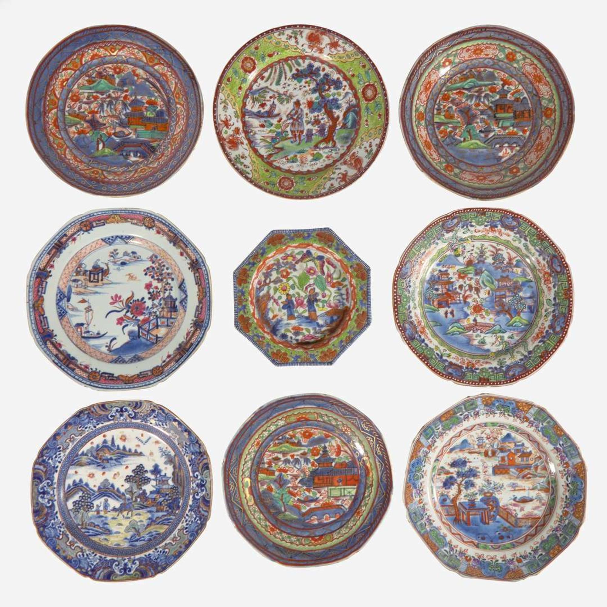 Fourteen assorted Chinese export porcelain clobbered plates and dishes 外銷瓷一組十六件 18th to first half 19th century ??????????