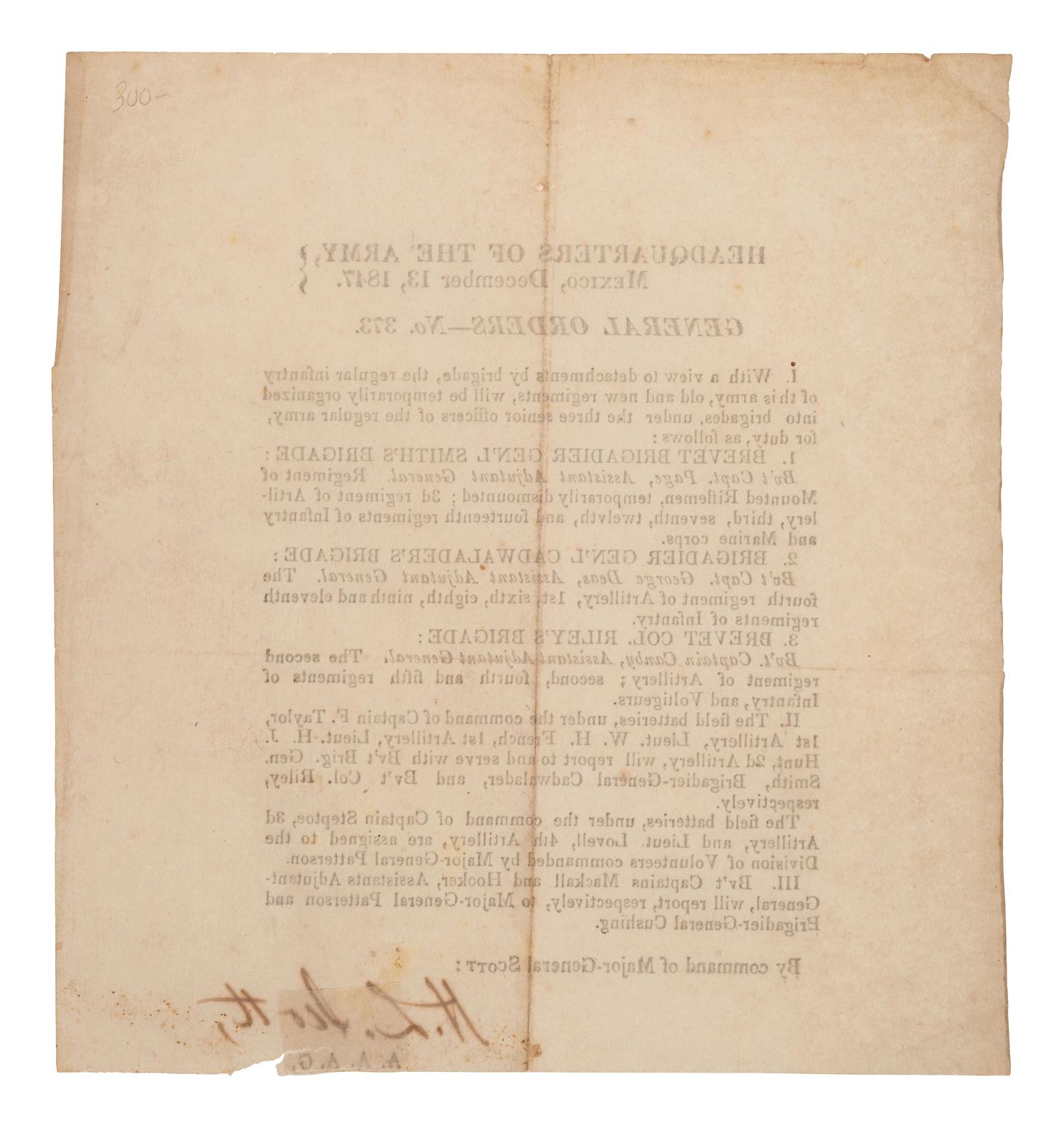 [MEXICAN-AMERICAN WAR]. SCOTT, Winfield (1786-1866). General Orders No. 373 . Mexico, 13 December 1847. Signed by Henry Lee SCOTT (1814-1886).