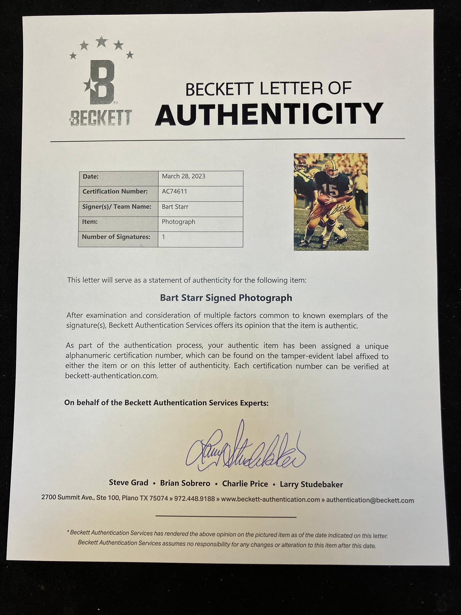 A Group of Johnny Unitas and Bart Starr Signed Autograph Photographs (Beckett Authentication Services Letters),