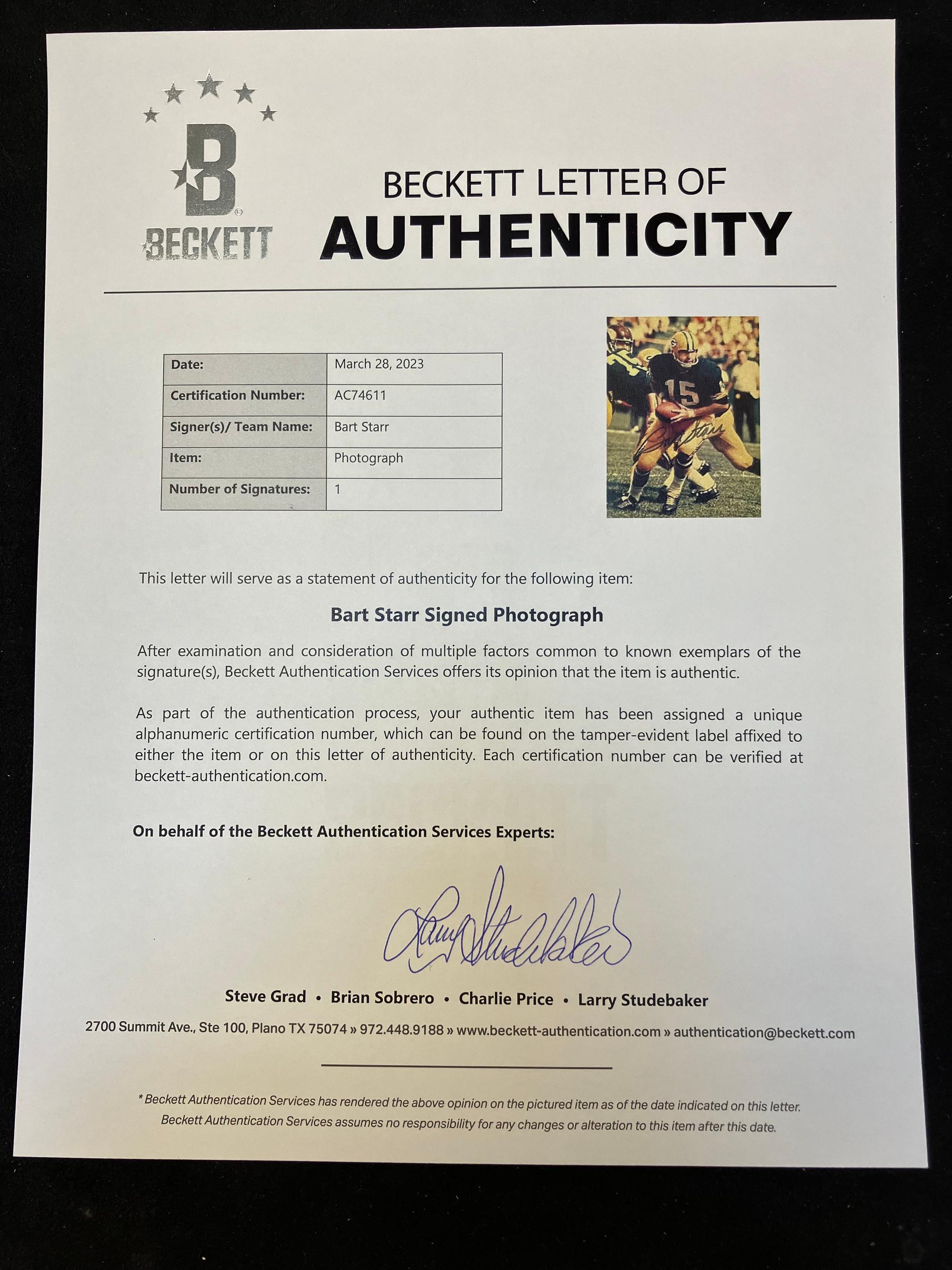 A Group of Johnny Unitas and Bart Starr Signed Autograph Photographs (Beckett Authentication Services Letters),
