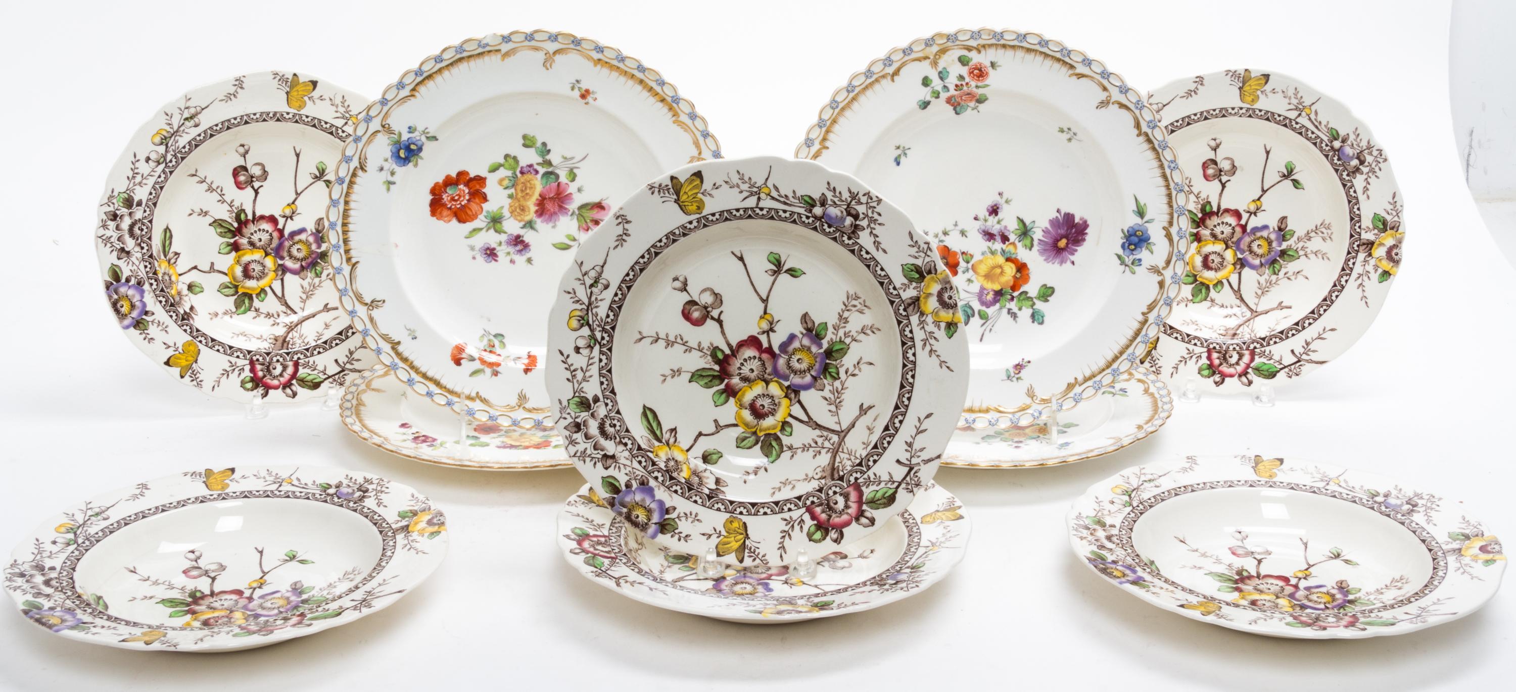 A Group of English Porcelain and Ceramic Dinnerware Diameter of dinner plates 10 1/2 inches.