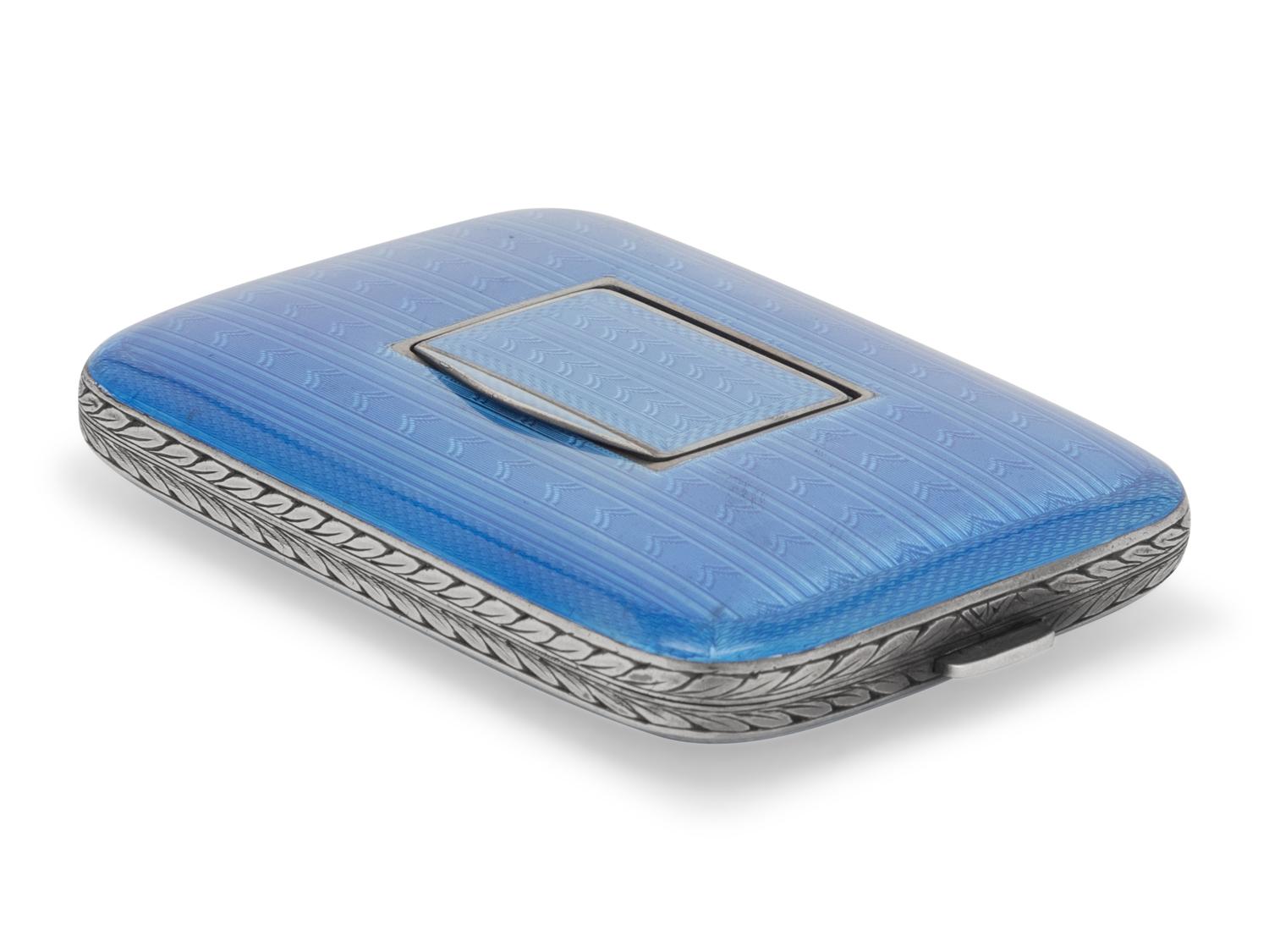 A Swiss Guilloche Enameled Silver and Clock-Inset Cigarette Case