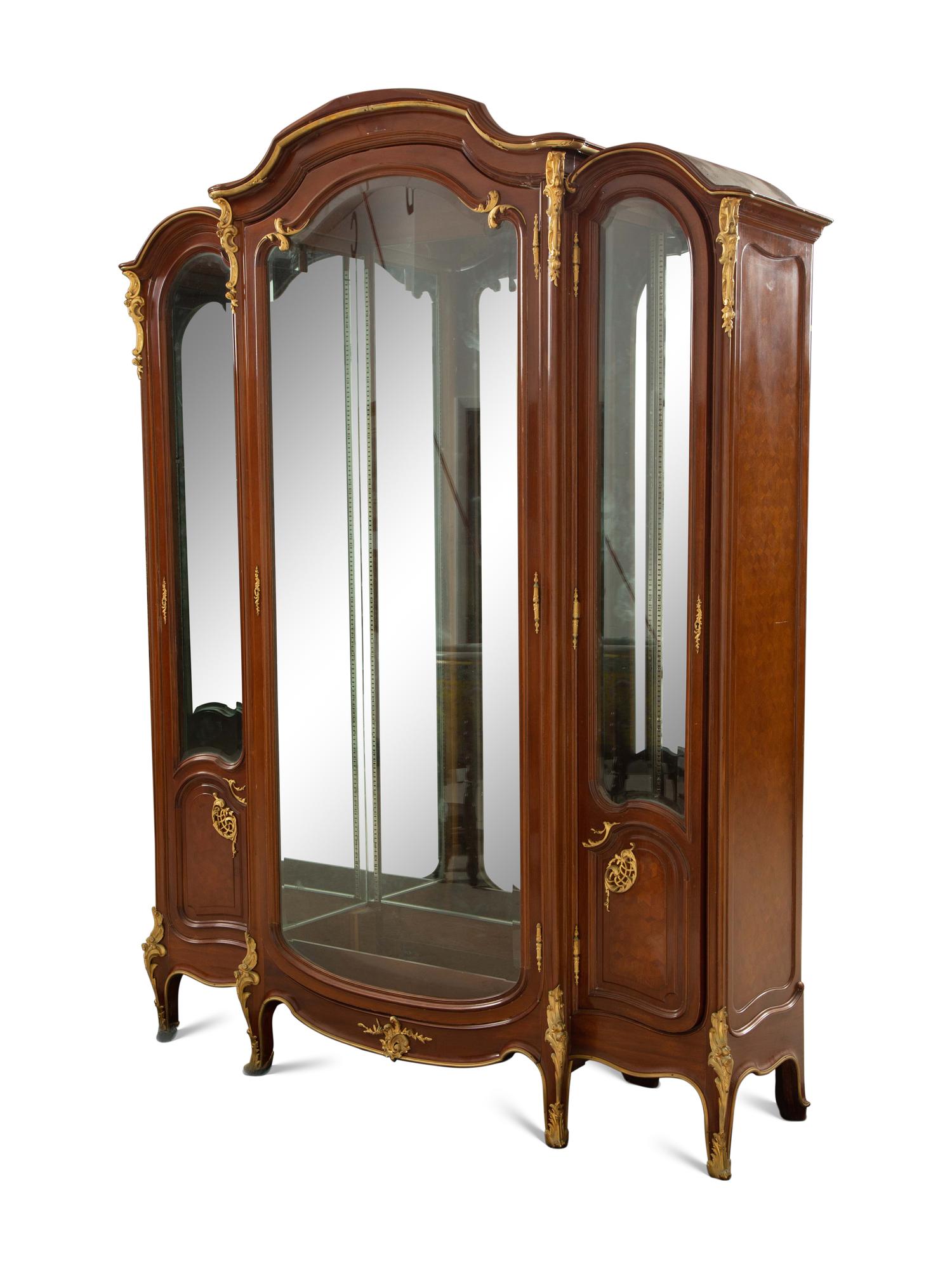 A Louis XV Style Gilt Bronze Mounted Parquetry Vitrine Cabinet