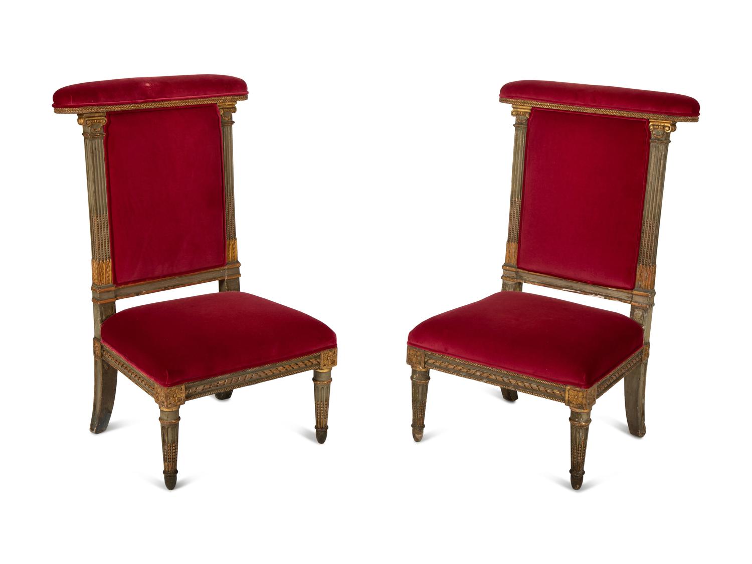 A Pair of Louis XVI Style Painted and Parcel Gilt Chauffeuses