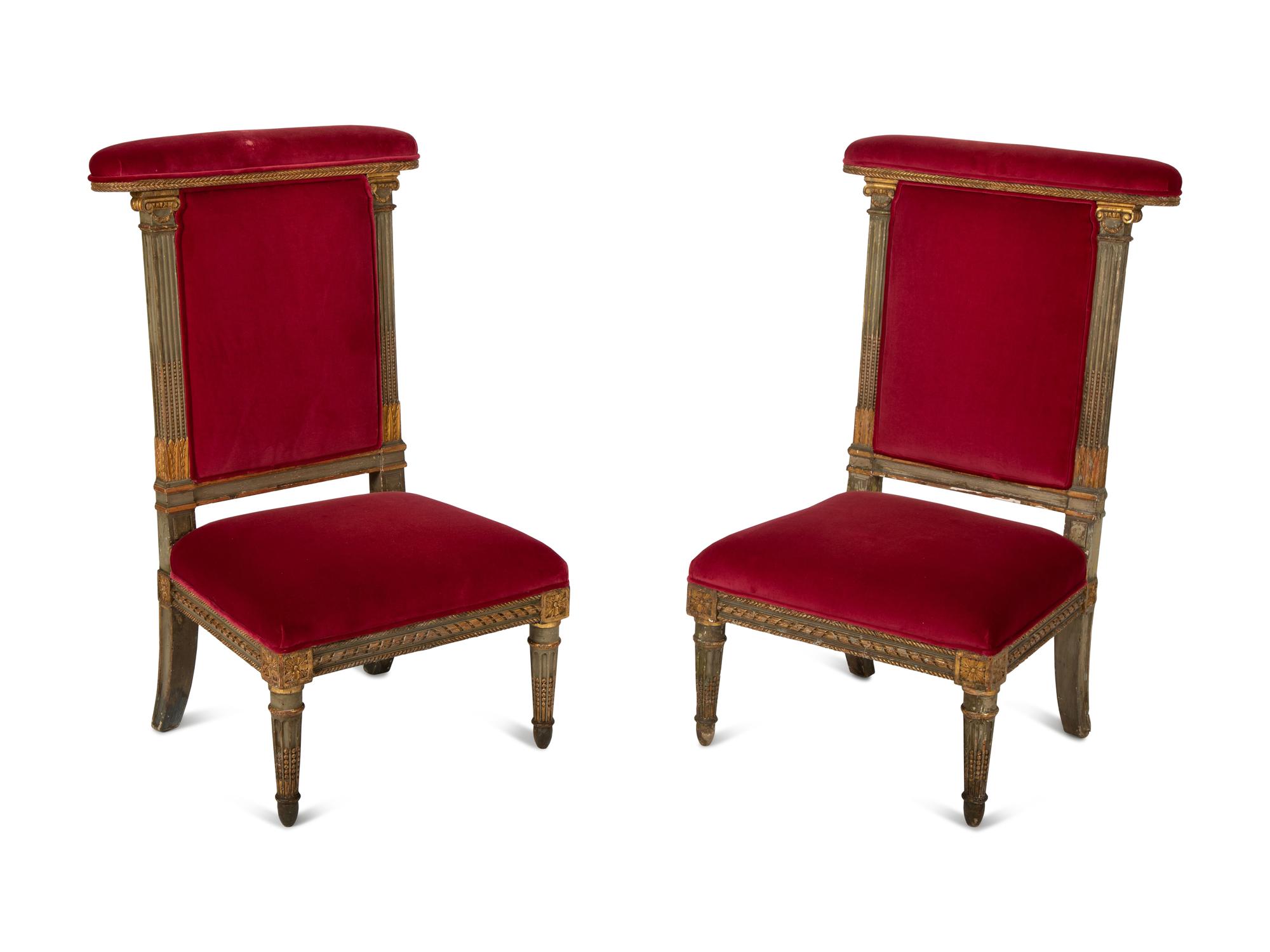 A Pair of Louis XVI Style Painted and Parcel Gilt Chauffeuses