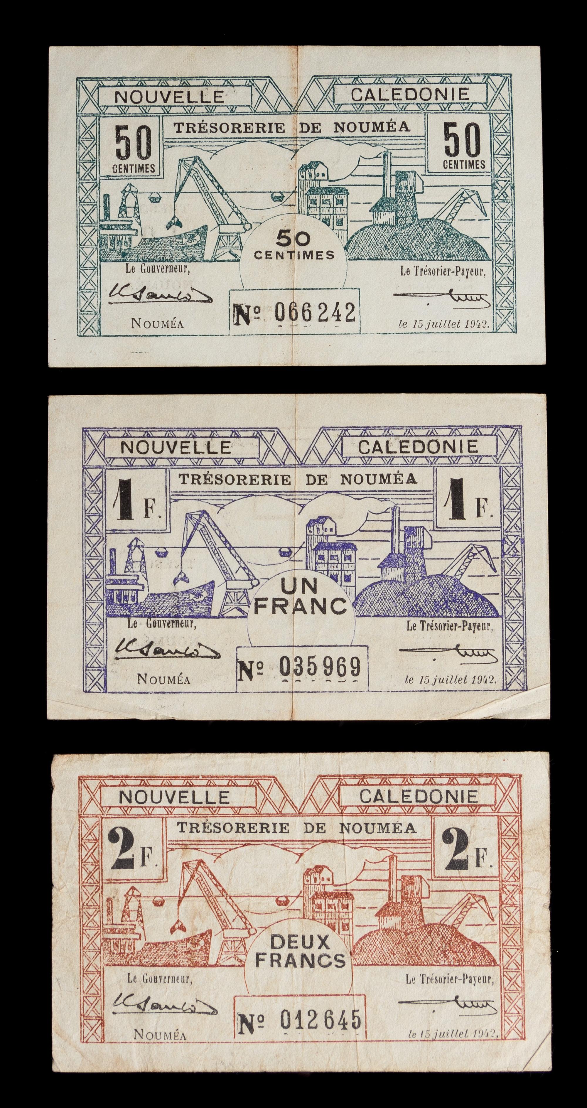 A Set of Three Noumean Bank Notes — BON DE CAISSE, 1942