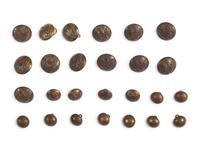 Civil War-period 1861 patent button polisher, button rings, fasteners, and buttons.