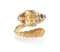 A Yellow Gold, Sapphire, Diamond and Ruby Lion Ring, 7.20 dwts.