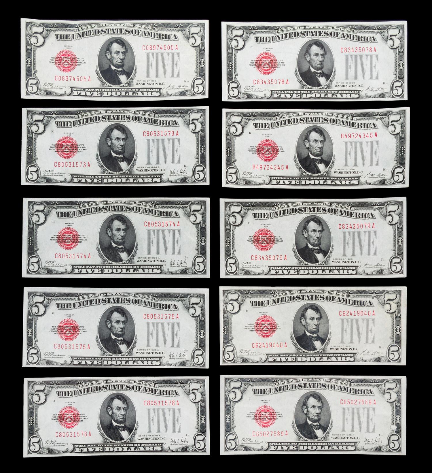 A Group of Twelve United States $5 Legal Tender Notes