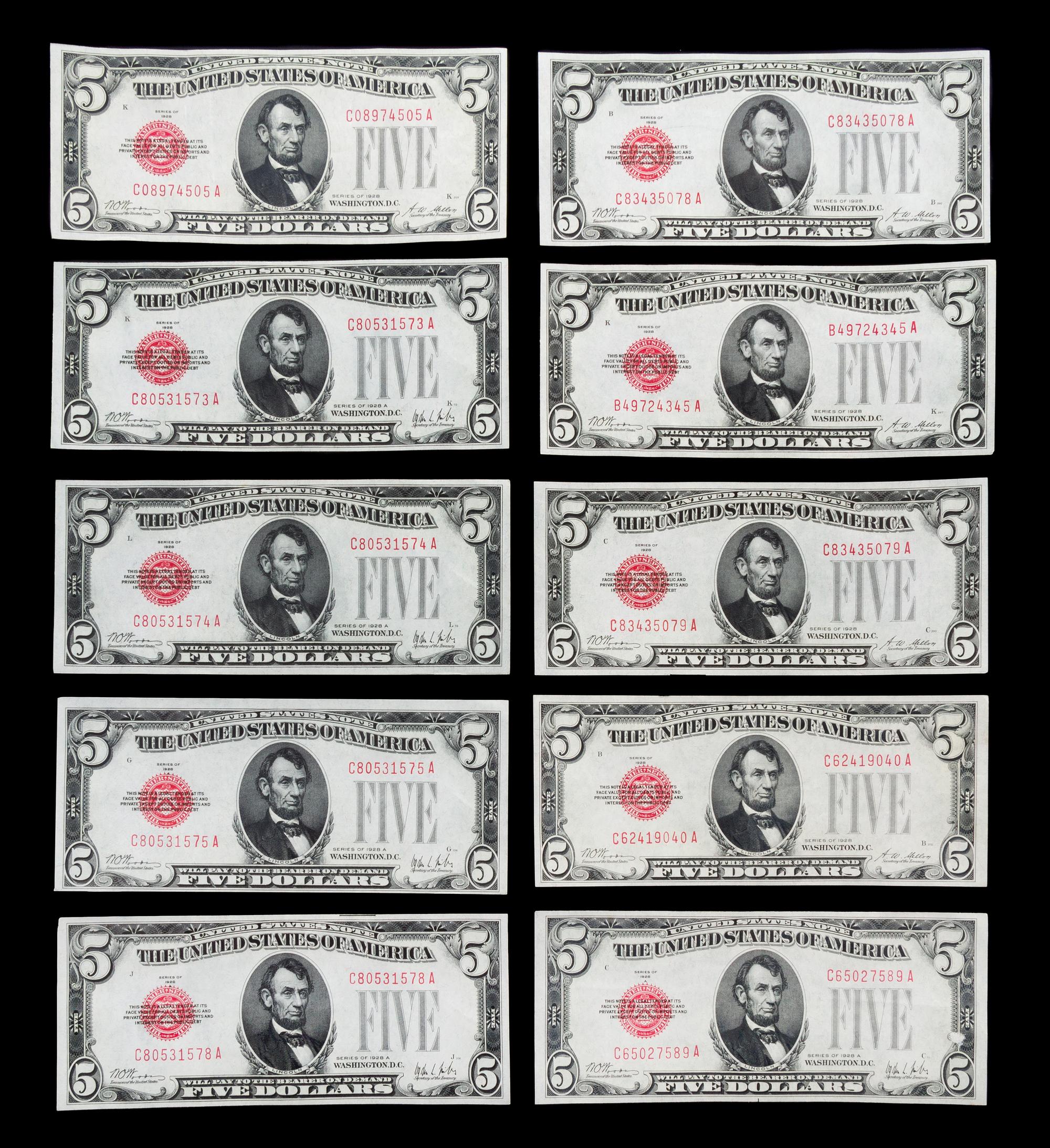A Group of Twelve United States $5 Legal Tender Notes