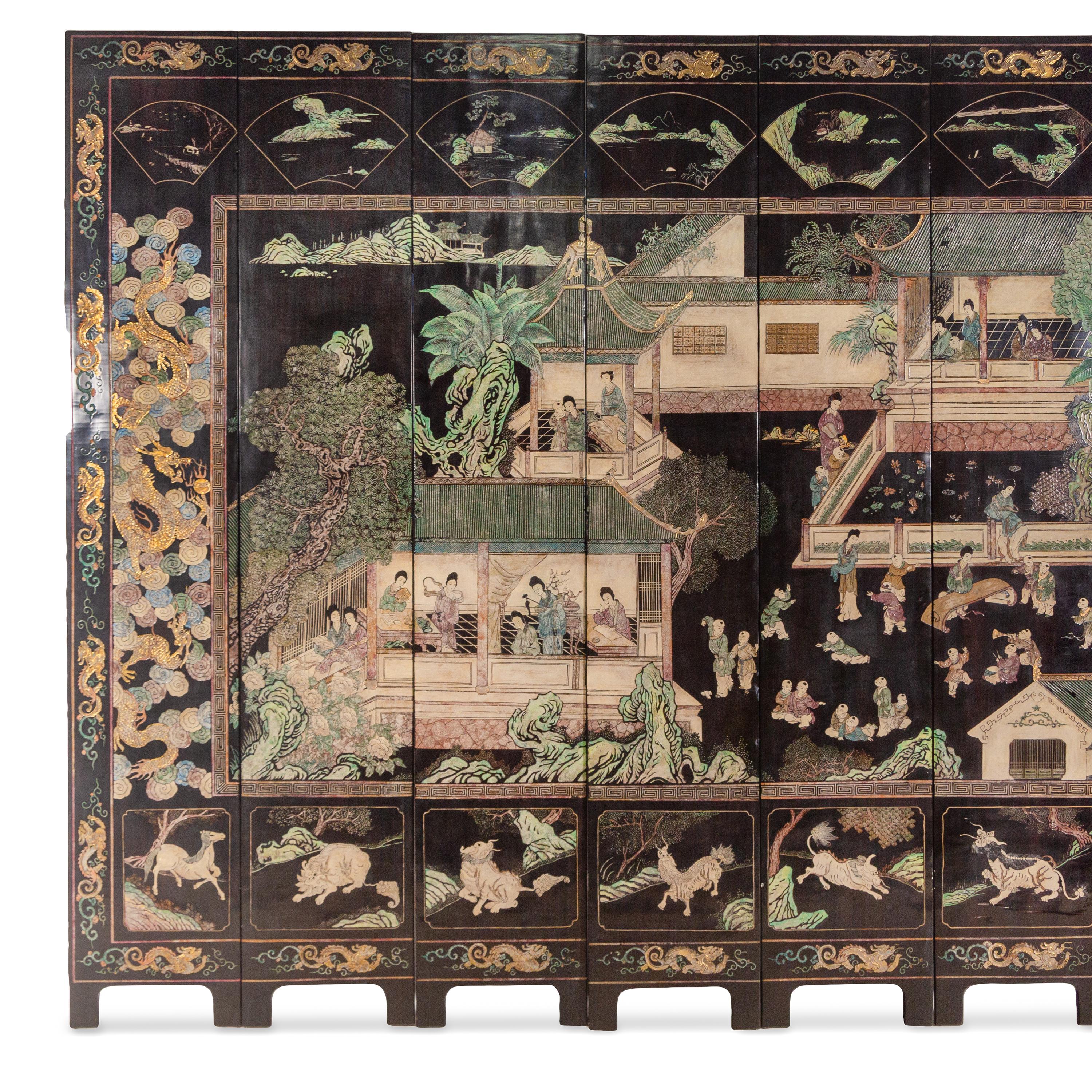 A Twelve-Paneled Coromandel Lacquer Floor Screen