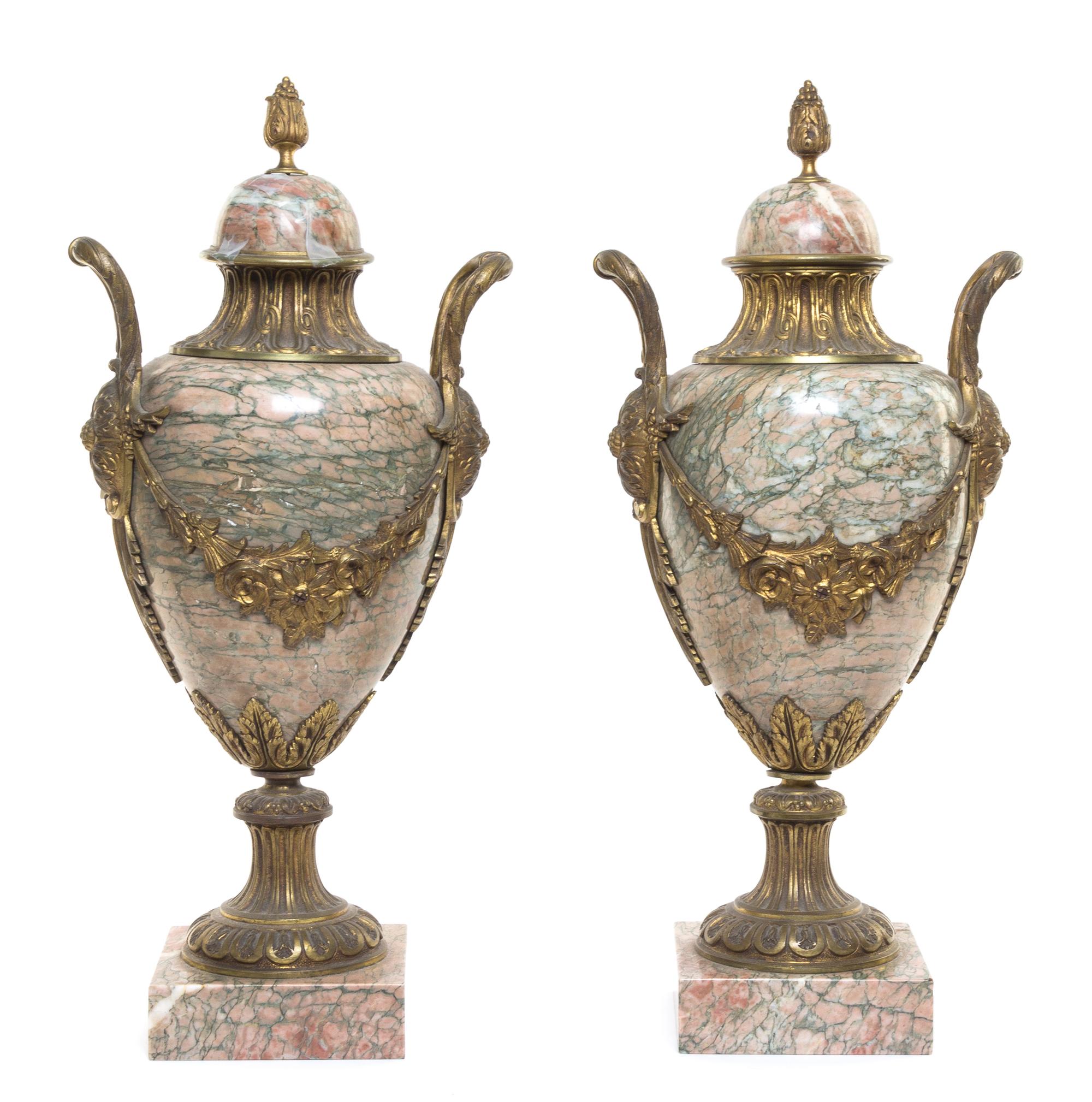 A Pair of Neoclassical Gilt Bronze Mounted Marble Urns Height 21 1/2 inches. — LATE 19TH/EARLY 20TH CENTURY