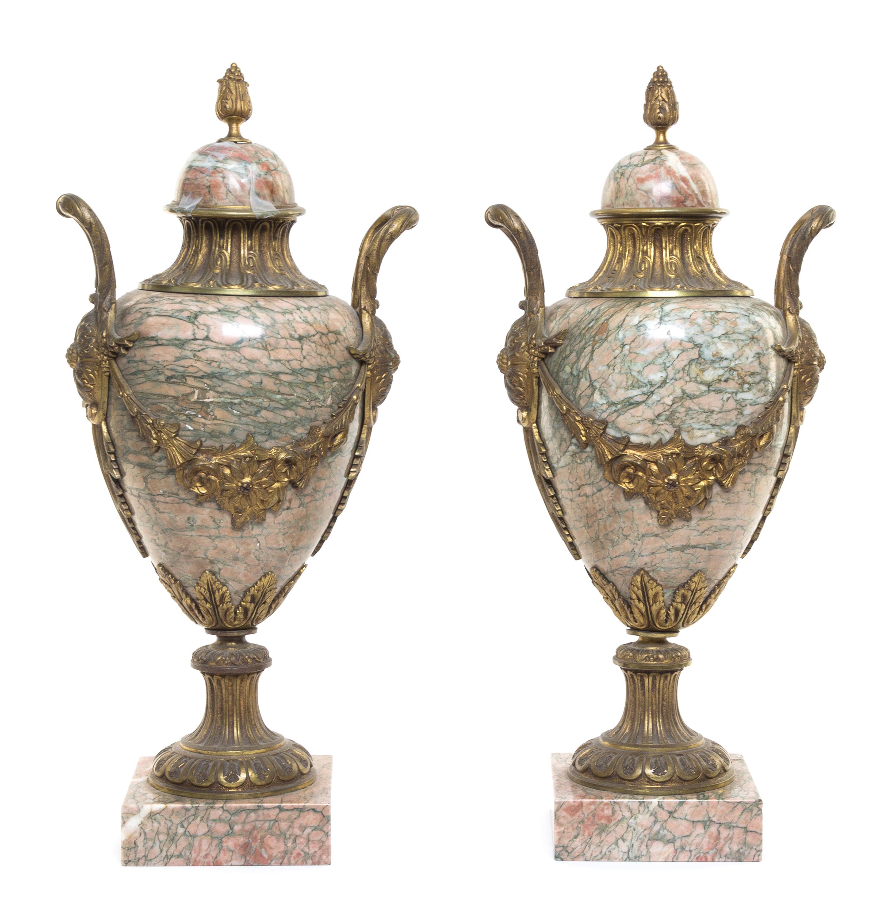 A Pair of Neoclassical Gilt Bronze Mounted Marble Urns Height 21 1/2 inches. — LATE 19TH/EARLY 20TH CENTURY
