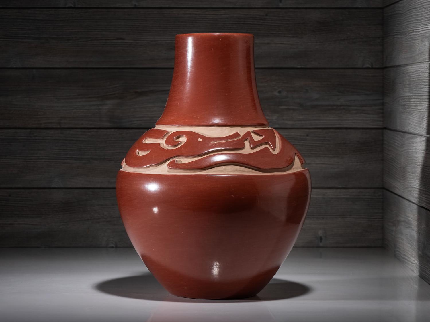 Carved Redware Pottery Vase, with Avanyu