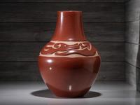 Carved Redware Pottery Vase, with Avanyu