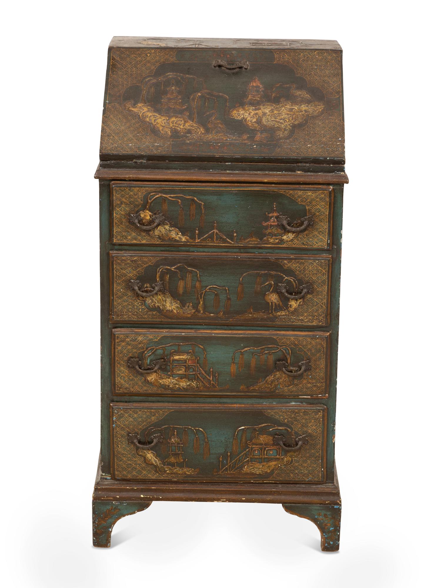 An English Dark Green Japanned Slant Front Desk