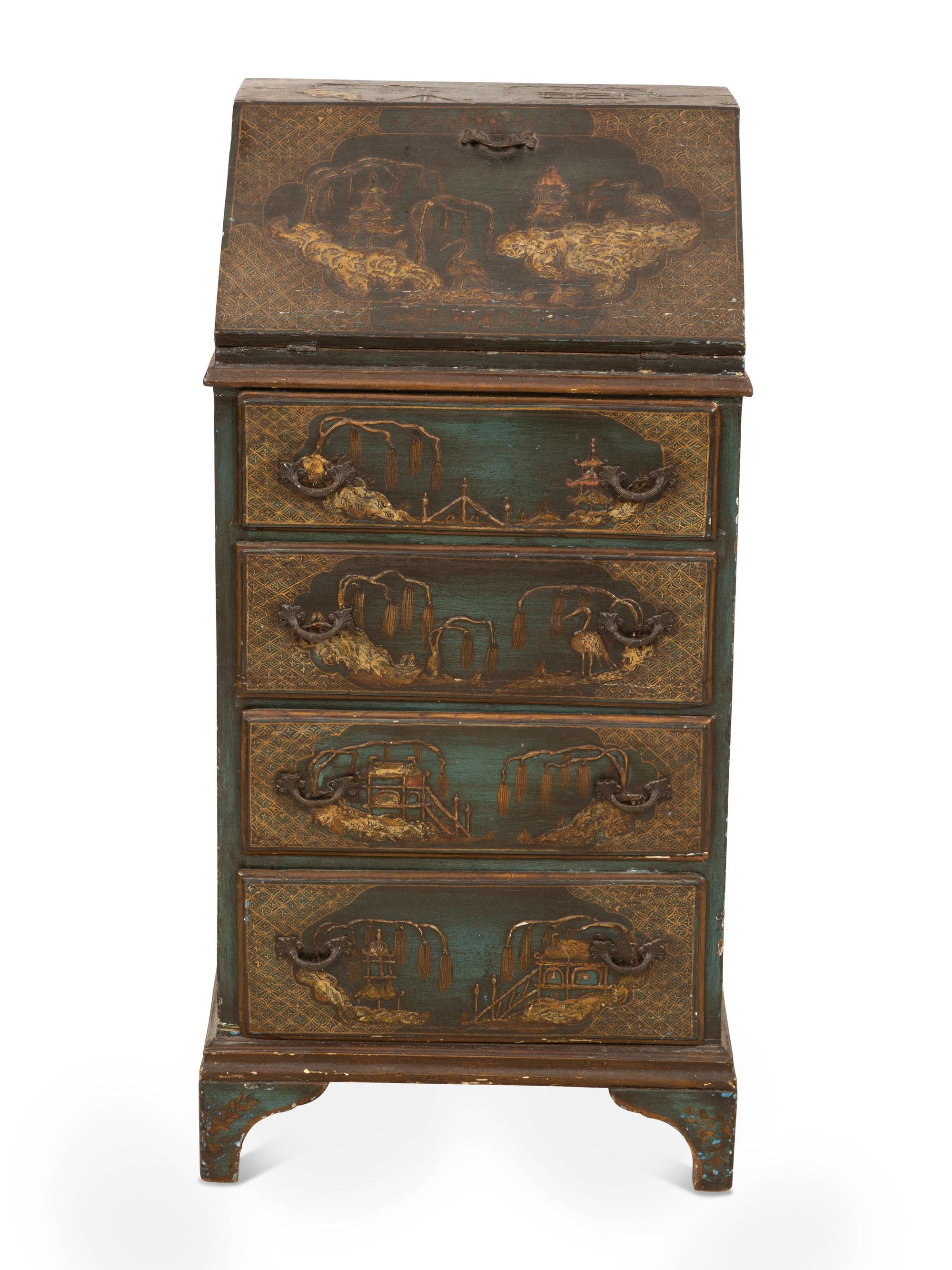 An English Dark Green Japanned Slant Front Desk