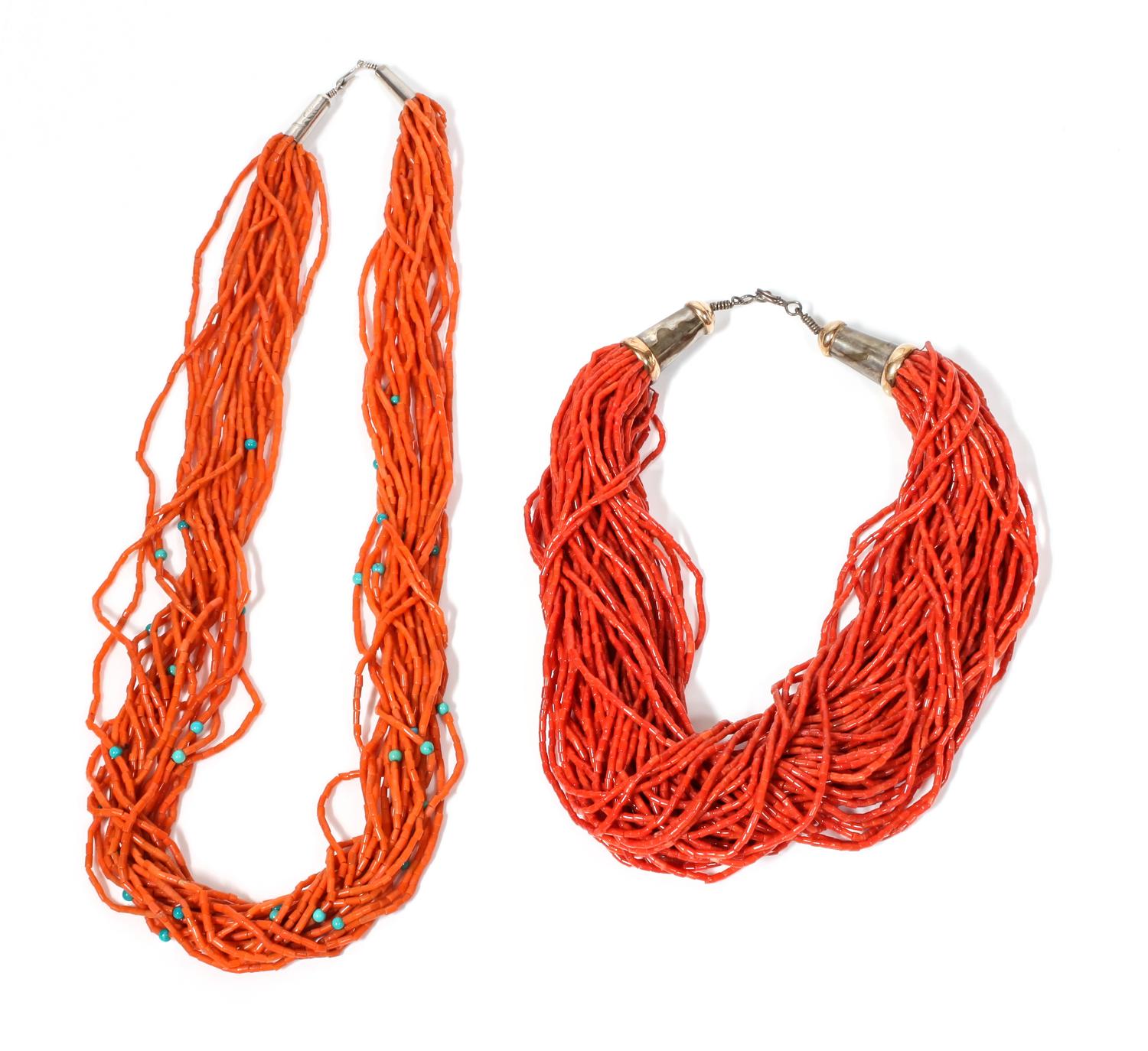 Two Southwestern Coral Necklaces Length of longest 26 inches