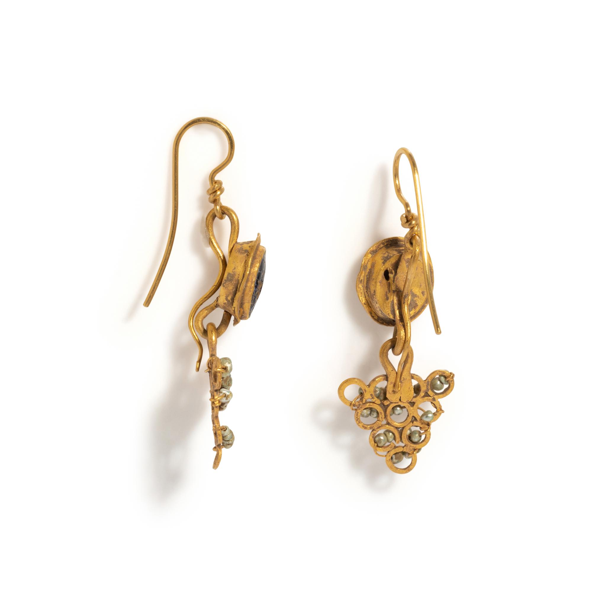 A Pair of Roman Gold, Glass, and Pearl Earrings