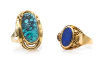 A Collection of Yellow Gold, Lapis Lazuli and Turquoise Rings, 7.80 dwts.