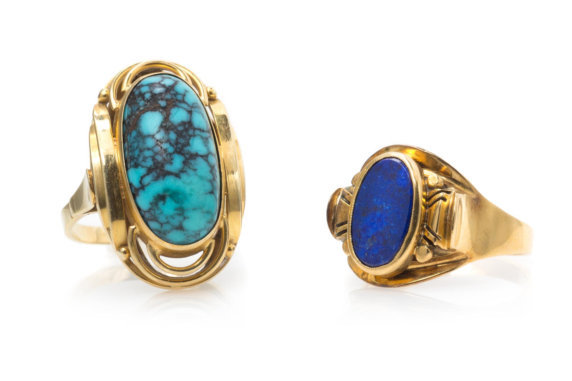 A Collection of Yellow Gold, Lapis Lazuli and Turquoise Rings, 7.80 dwts.