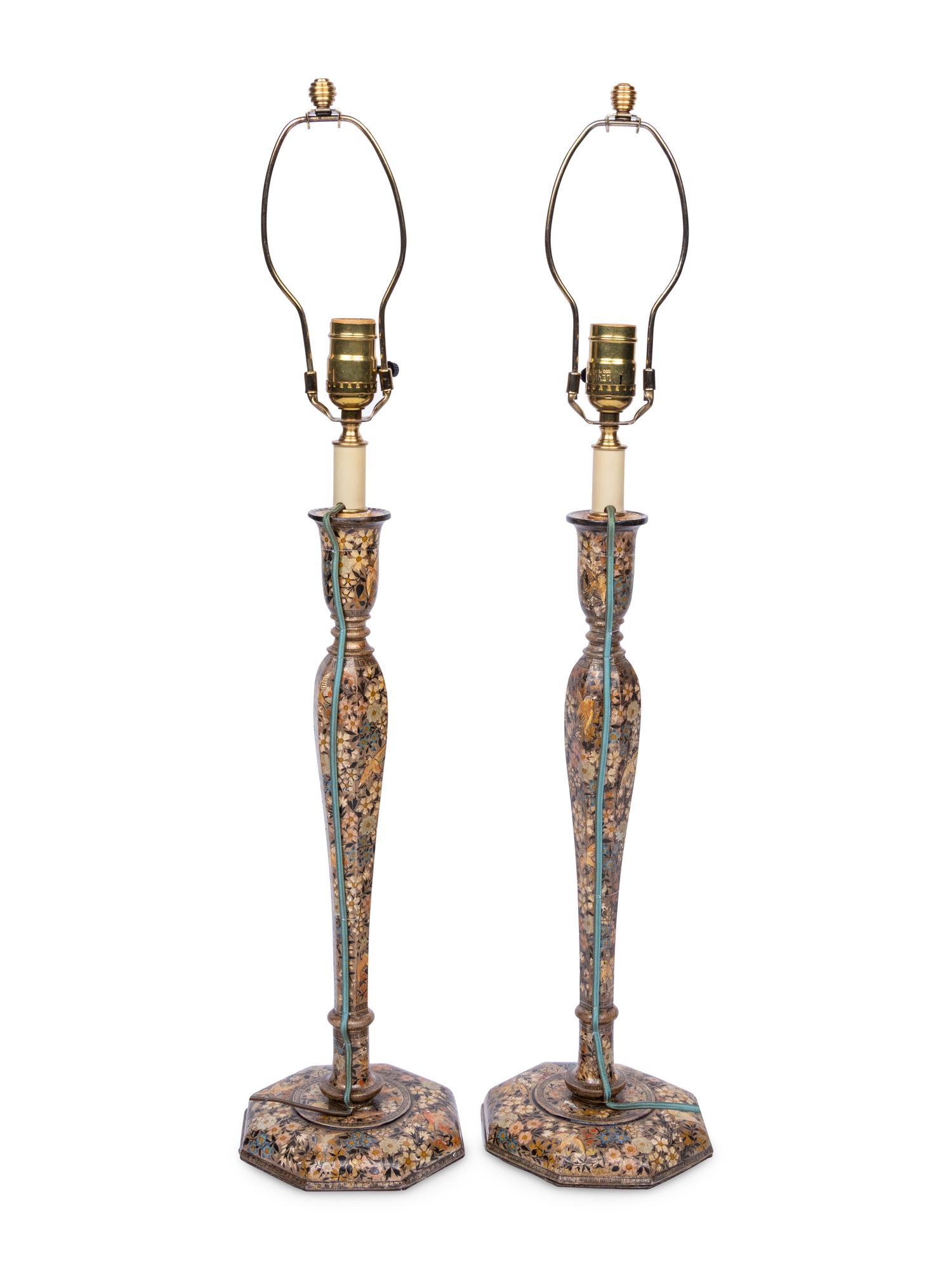 A Pair of Polychrome Lacquered Candlesticks Mounted as Lamps