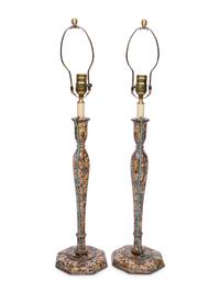 A Pair of Polychrome Lacquered Candlesticks Mounted as Lamps
