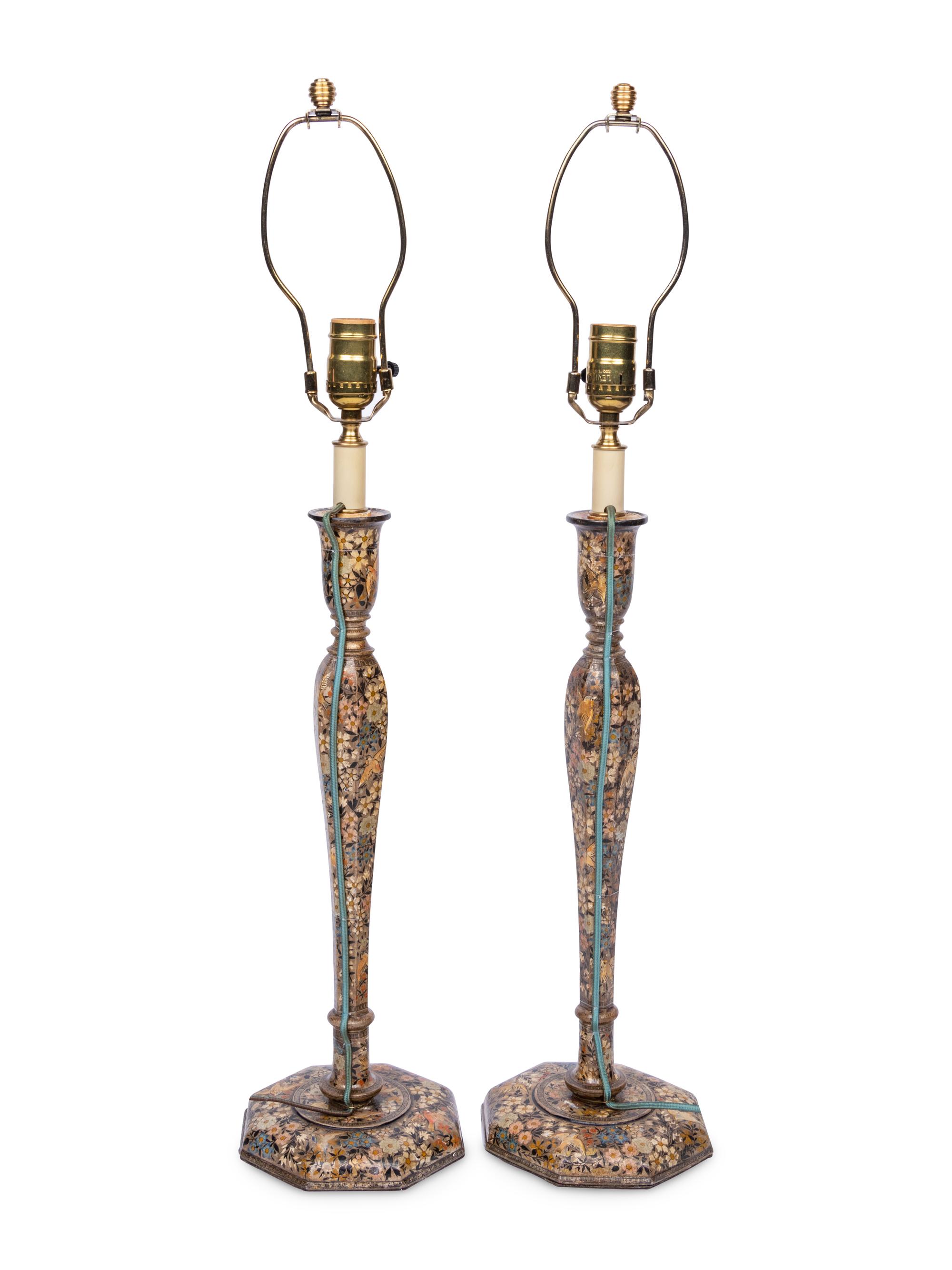 A Pair of Polychrome Lacquered Candlesticks Mounted as Lamps