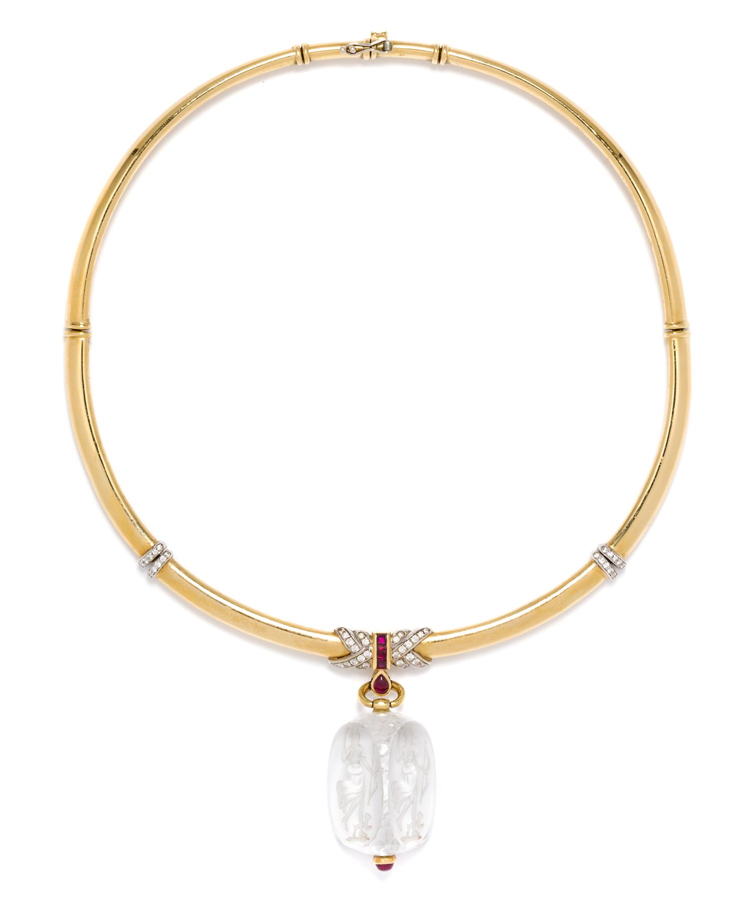 A Yellow Gold, Rock Crystal Reverse Intaglio, Diamond and Ruby Collar Necklace, 45.00 dwts.