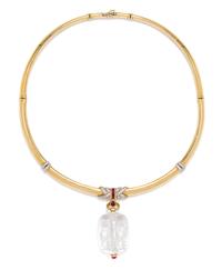 A Yellow Gold, Rock Crystal Reverse Intaglio, Diamond and Ruby Collar Necklace, 45.00 dwts.