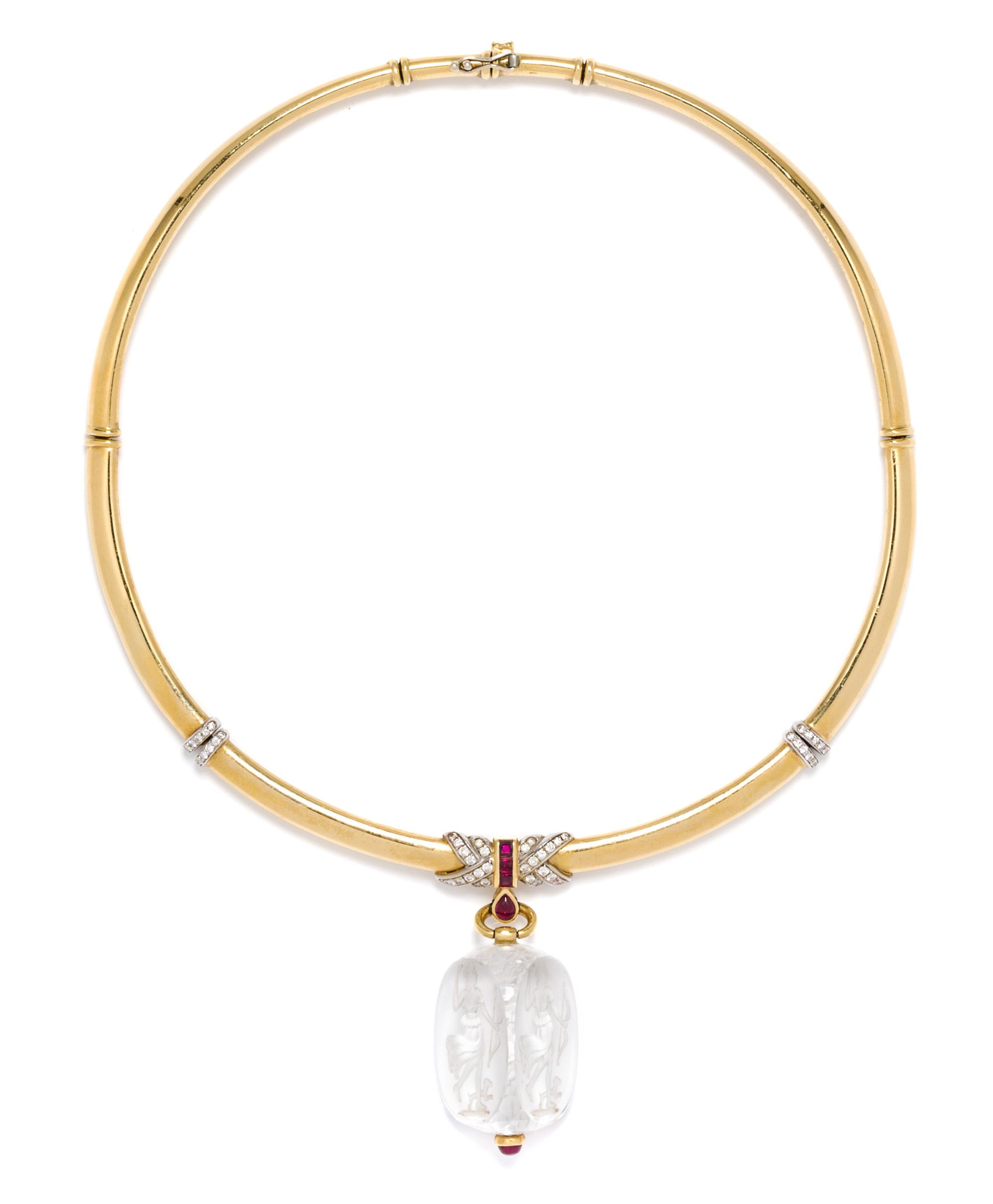 A Yellow Gold, Rock Crystal Reverse Intaglio, Diamond and Ruby Collar Necklace, 45.00 dwts.
