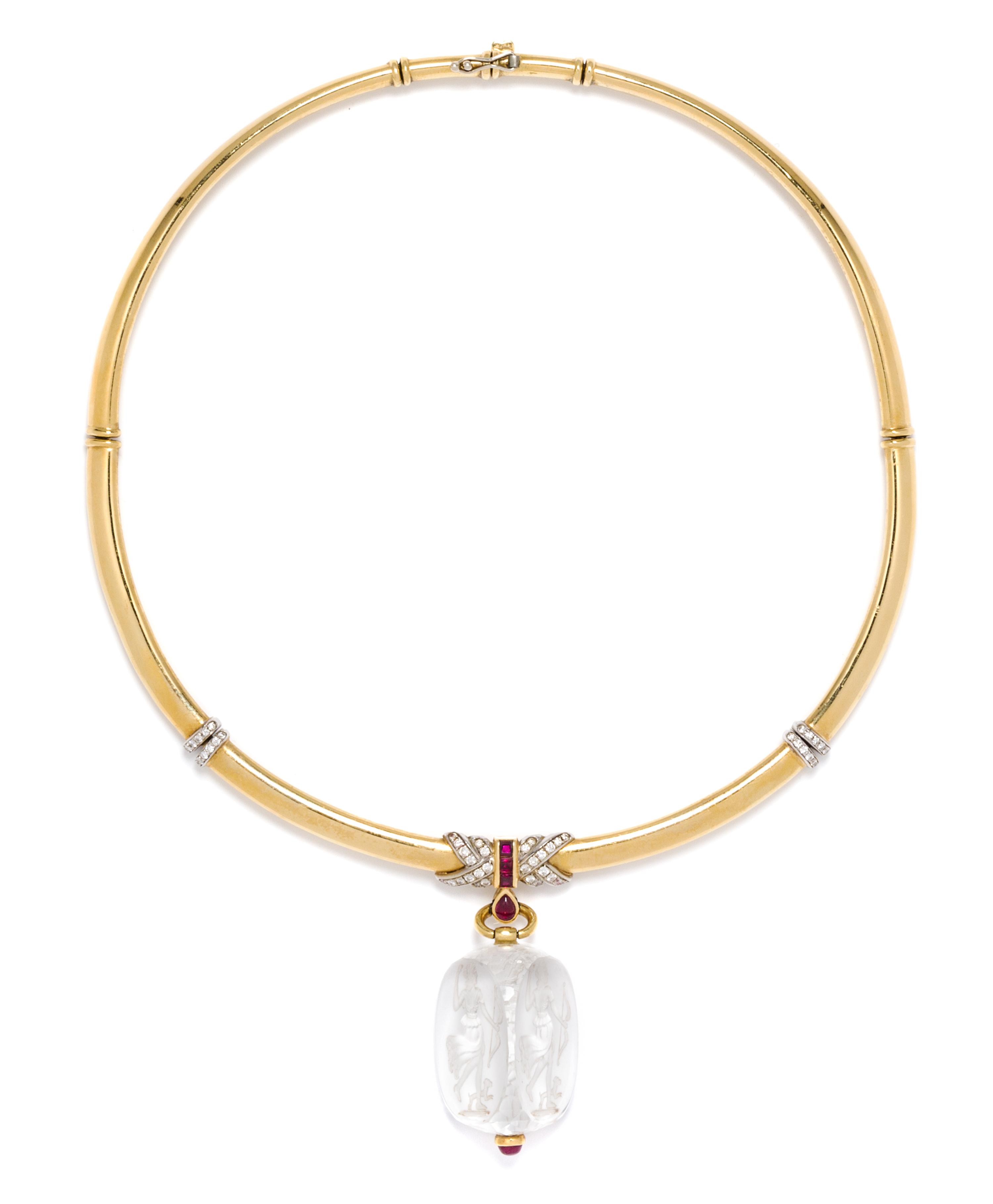 A Yellow Gold, Rock Crystal Reverse Intaglio, Diamond and Ruby Collar Necklace, 45.00 dwts.