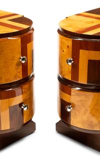 A Pair of Art Deco Style Burlwood and Parquetry Bedside Tables