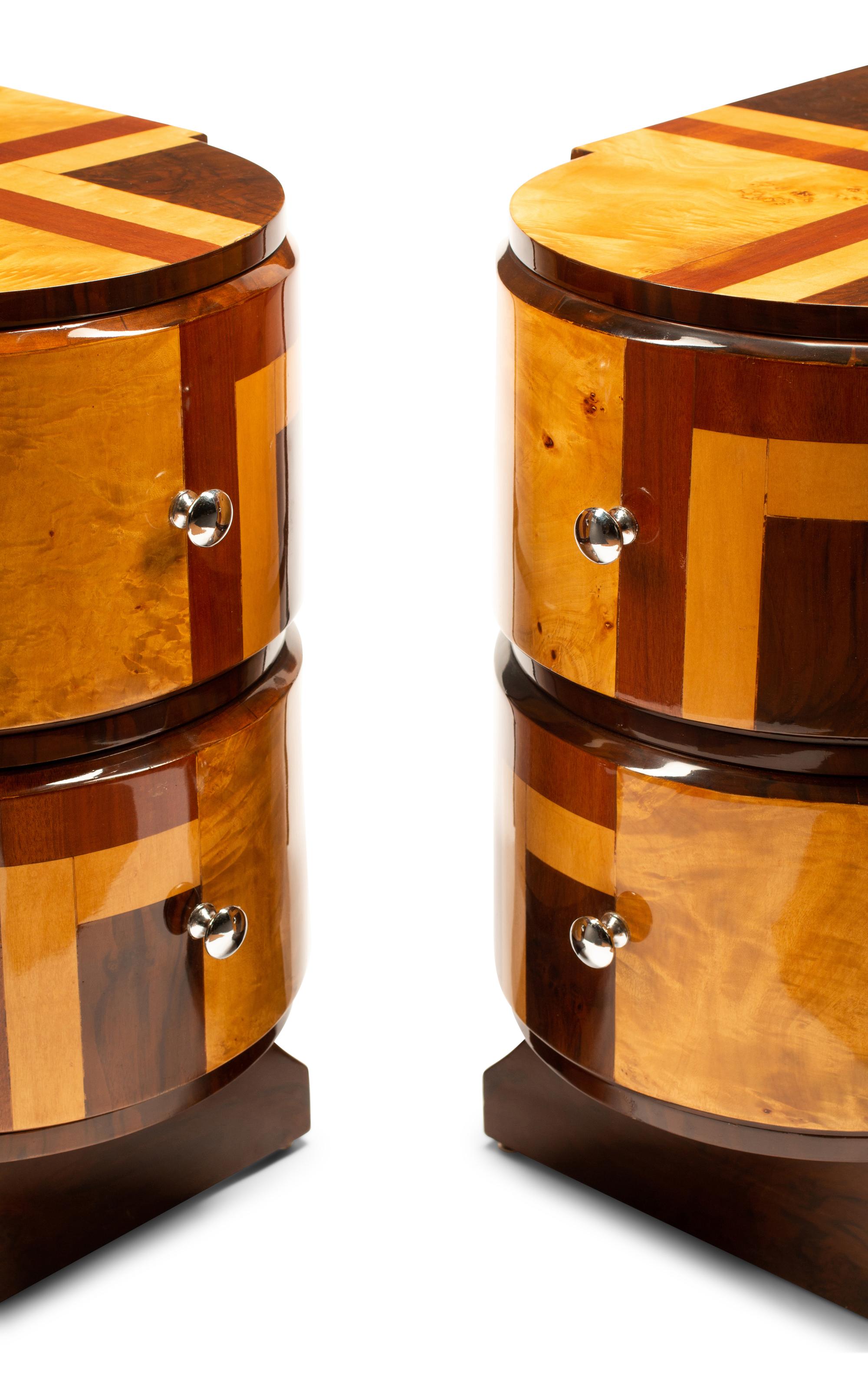 A Pair of Art Deco Style Burlwood and Parquetry Bedside Tables
