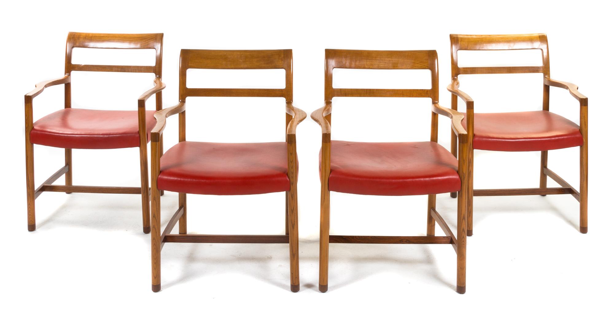 A Set of Four Open Arm Chairs, Edward Wormley for Dunbar Height 34 inches.