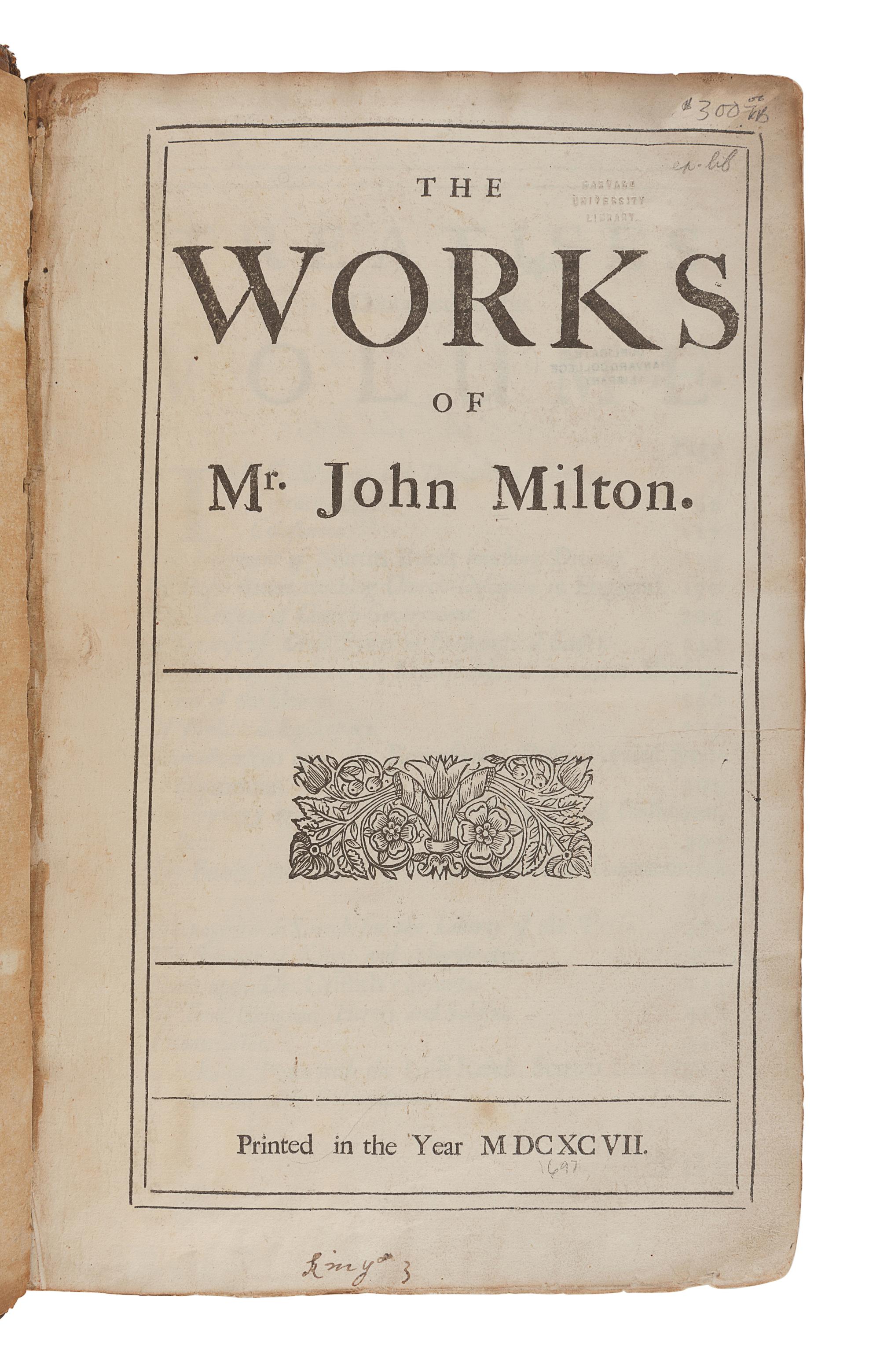MILTON, John (1608-1674). The Works. London: n.p., 1697.