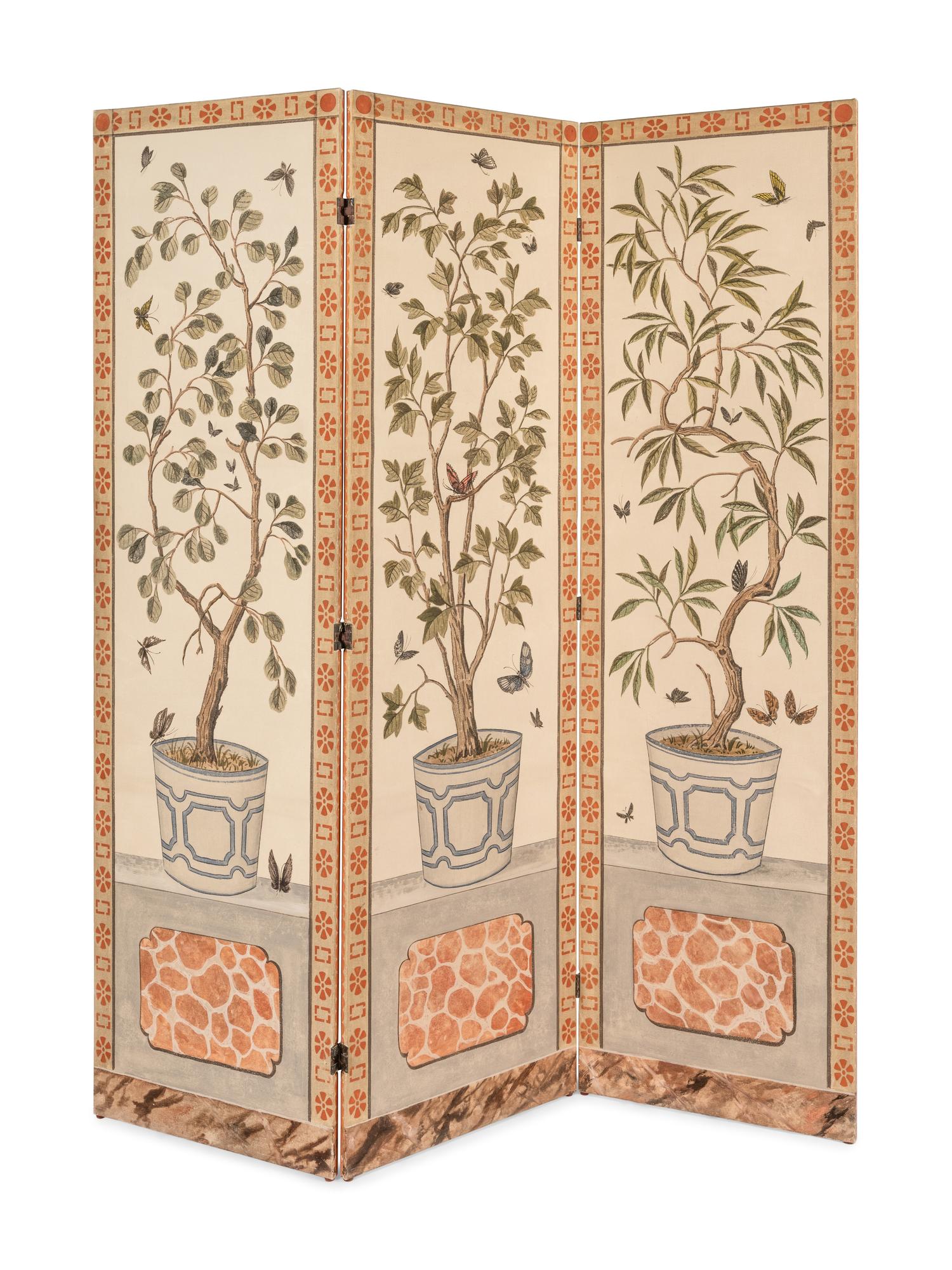 A Pair of Painted Three-Panel Screens
