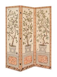 A Pair of Painted Three-Panel Screens